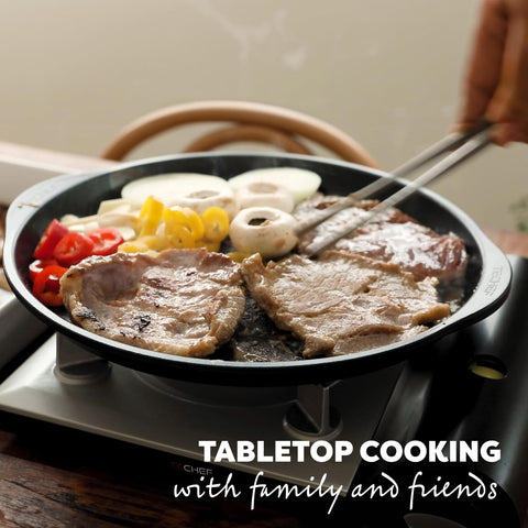 TECHEF KBBQ grill pan swirl-channel design drains fat while promoting even searing.