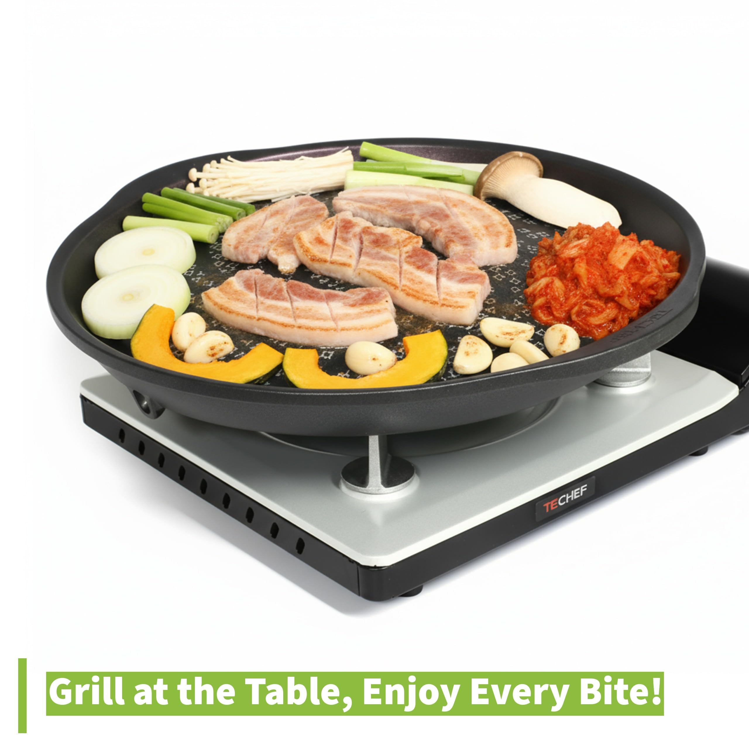 TECHEF Korean BBQ grill pan highlighting nonstick surface for easy release