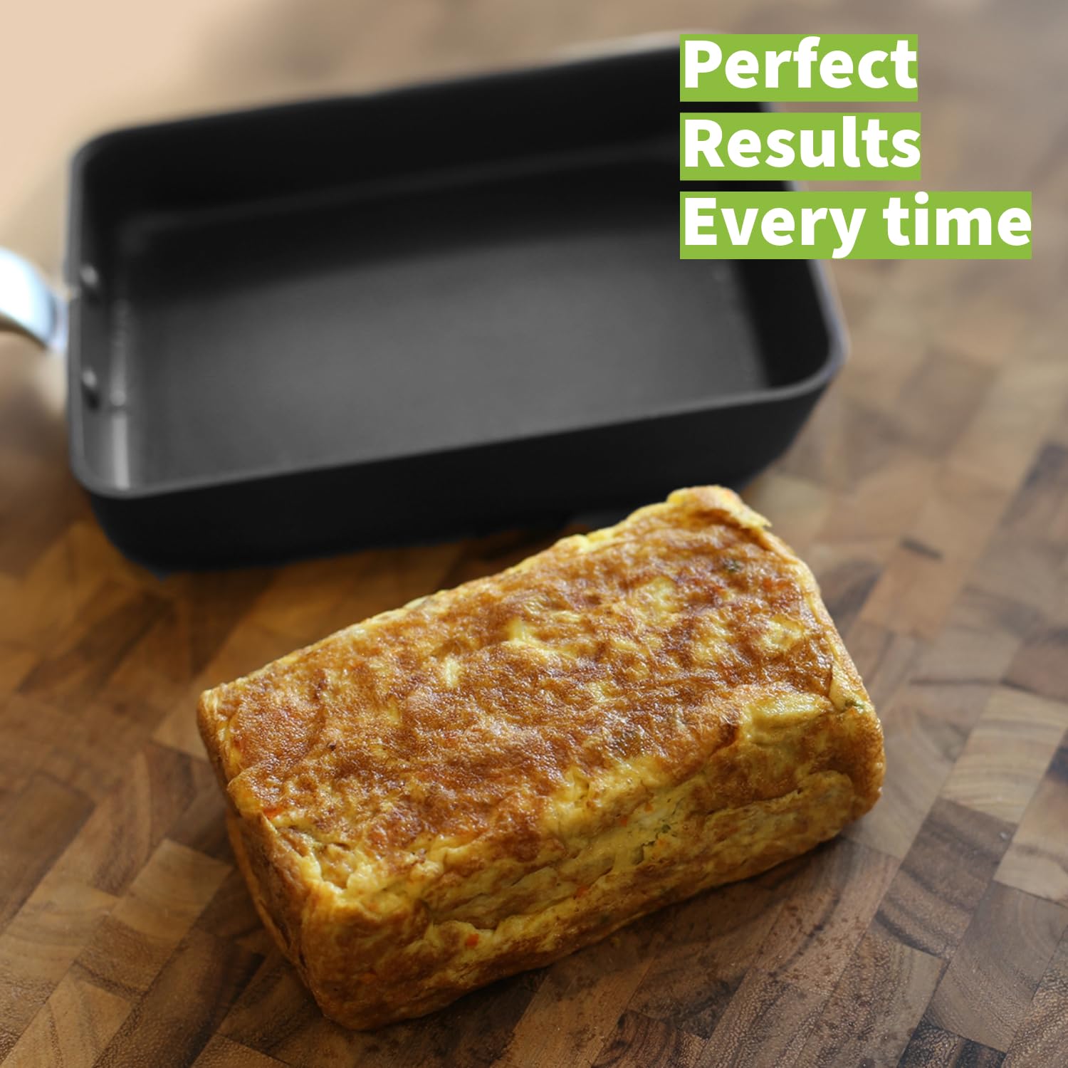 TECHEF Tamagoyaki pan with 3-layer nonstick coating for easy release.