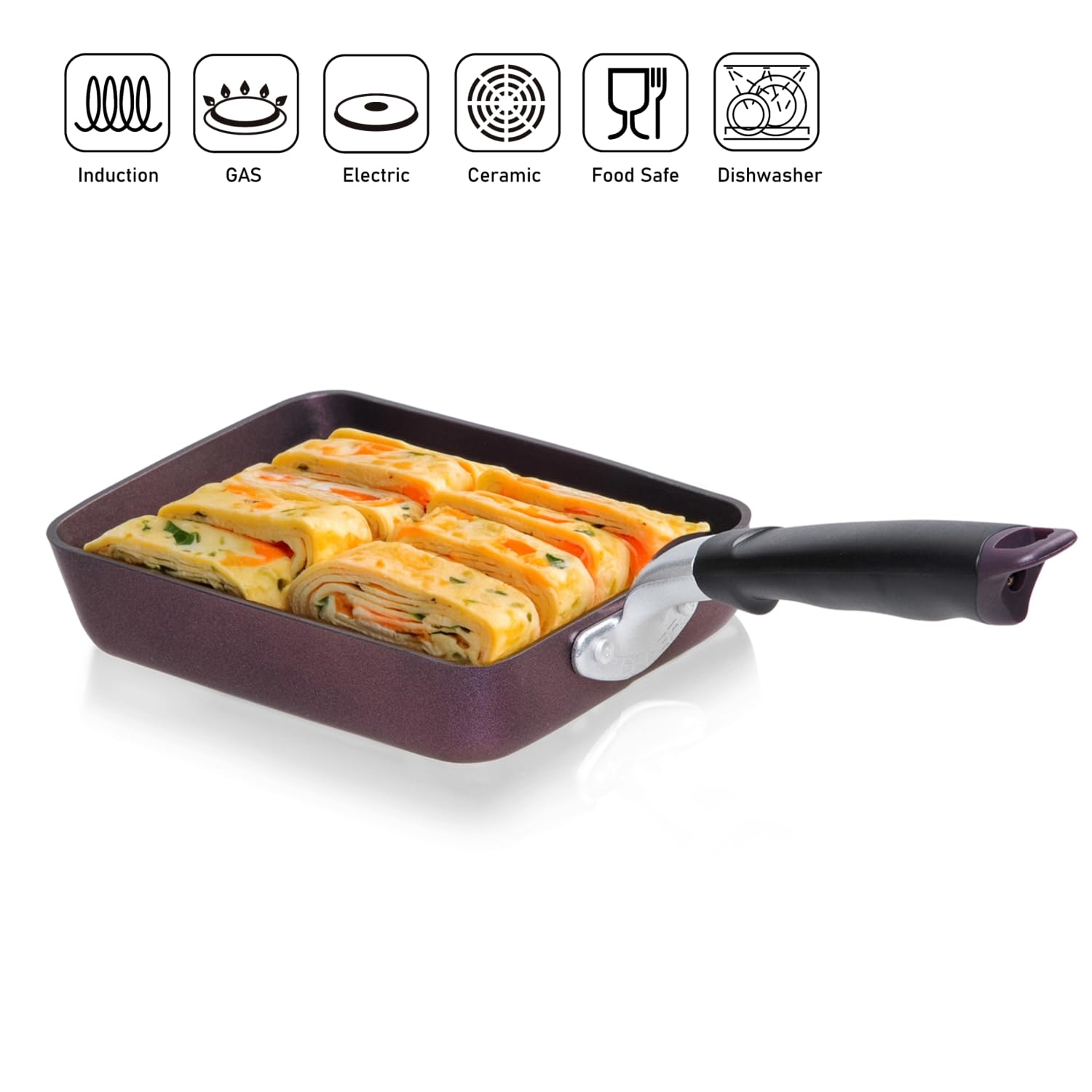 TECHEF Tamagoyaki pan with induction-ready base for universal stovetops.