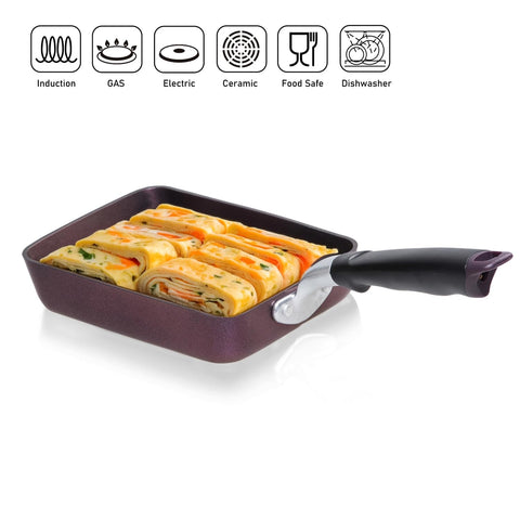 TECHEF Tamagoyaki pan with induction-ready base for universal stovetops.