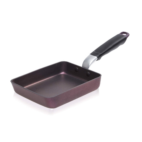 TECHEF Tamagoyaki pan in purple medium, inside view highlighting even heat distribution.