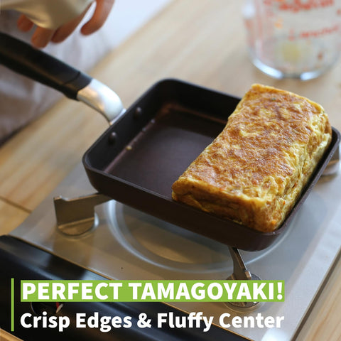 TECHEF Tamagoyaki pan with sloped front design for easy omelet flipping.