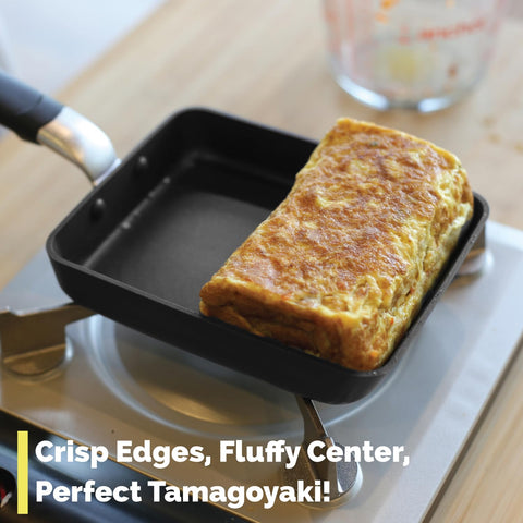 TECHEF Tamagoyaki pan featuring a sloped front for flipping.