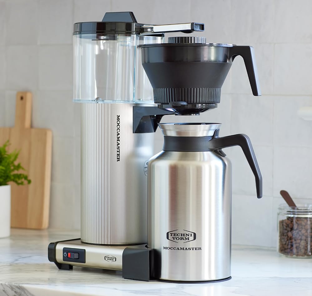 Technivorm Moccamaster CDT Grand 60-ounce thermal carafe close-up, keeps coffee hot for hours