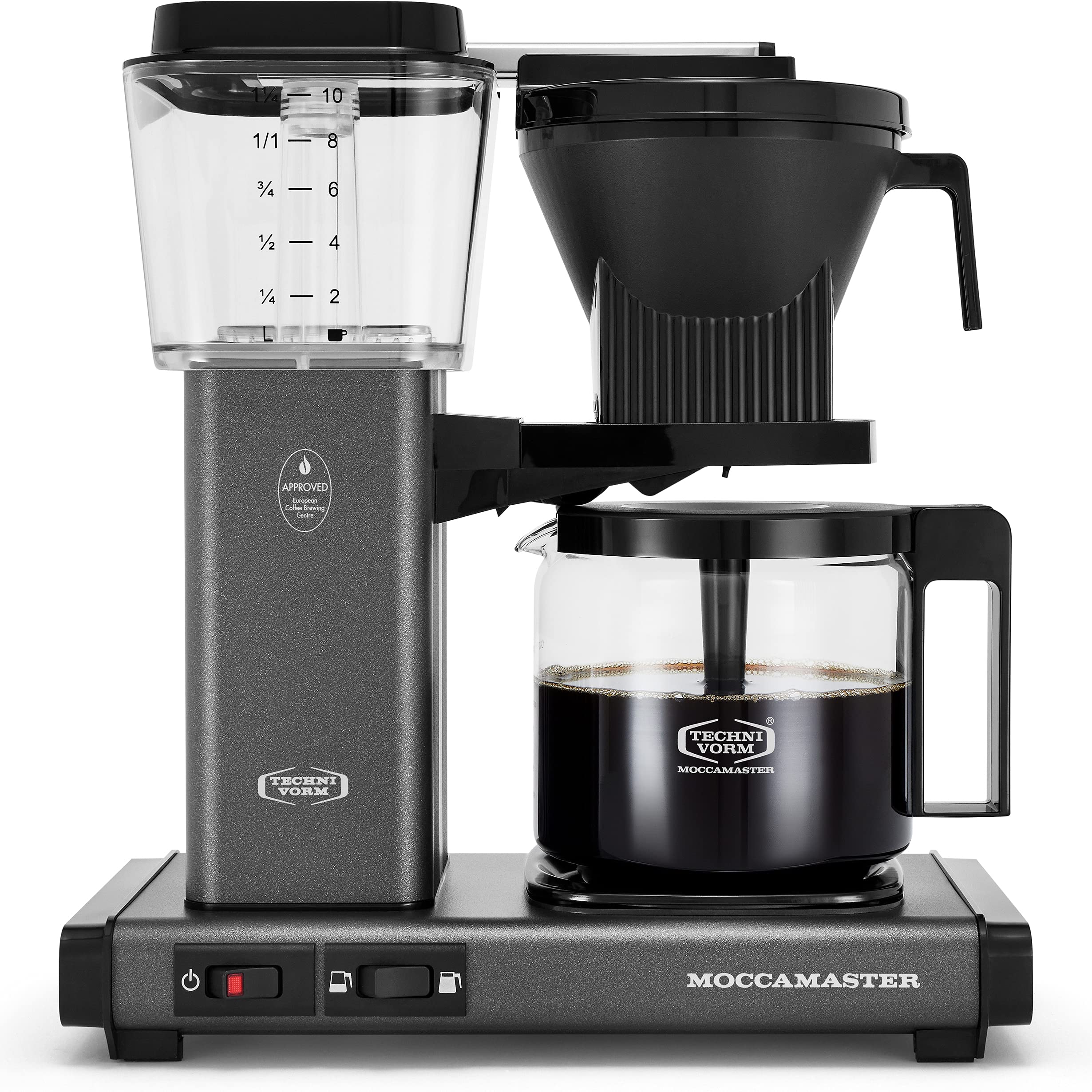 Technivorm Moccamaster KBGV Select in stone grey, front view showing compact, efficient morning brewing.