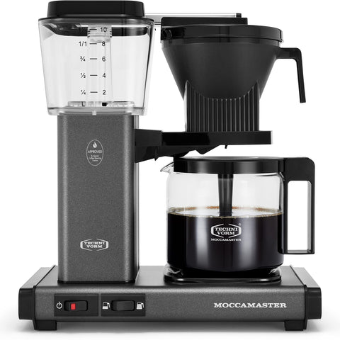 Technivorm Moccamaster KBGV Select in stone grey, front view showing compact, efficient morning brewing.