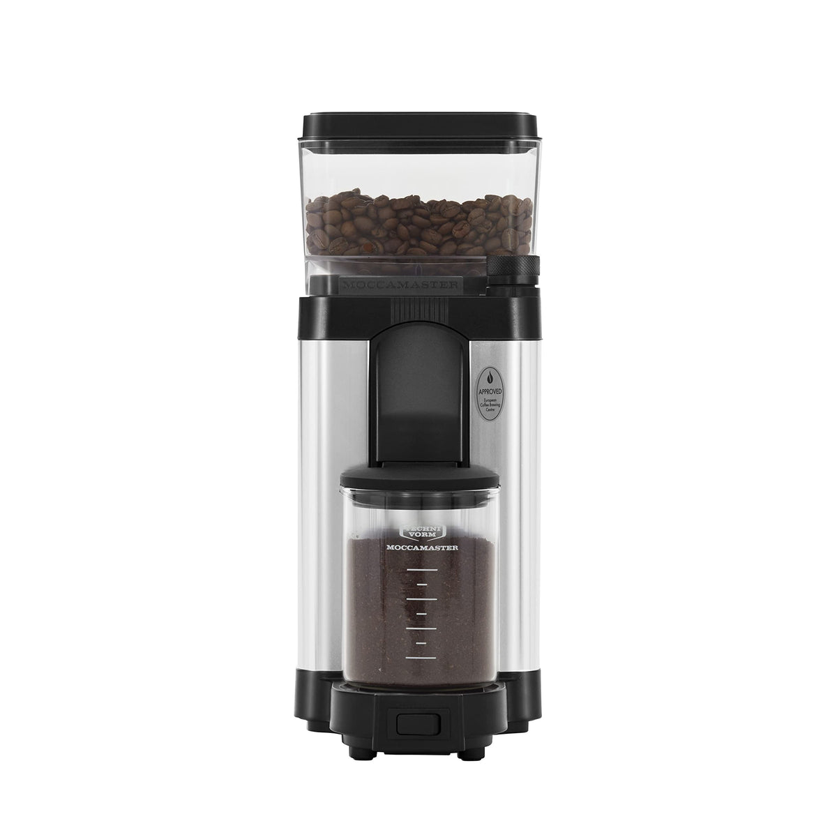 Technivorm Moccamaster KM5 burr grinder polished silver for precise, uniform grinding.