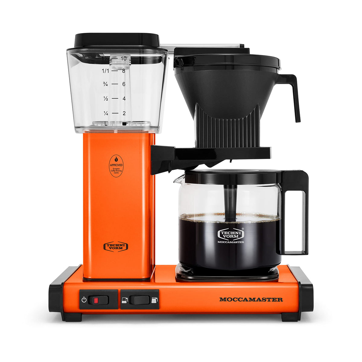 Technivorm Moccamaster orange front view with full carafe ready to pour