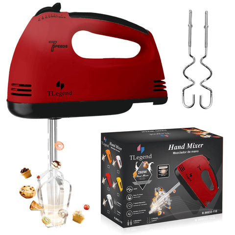 TechnoLegend hand mixer red front view showing easy batter blending capability