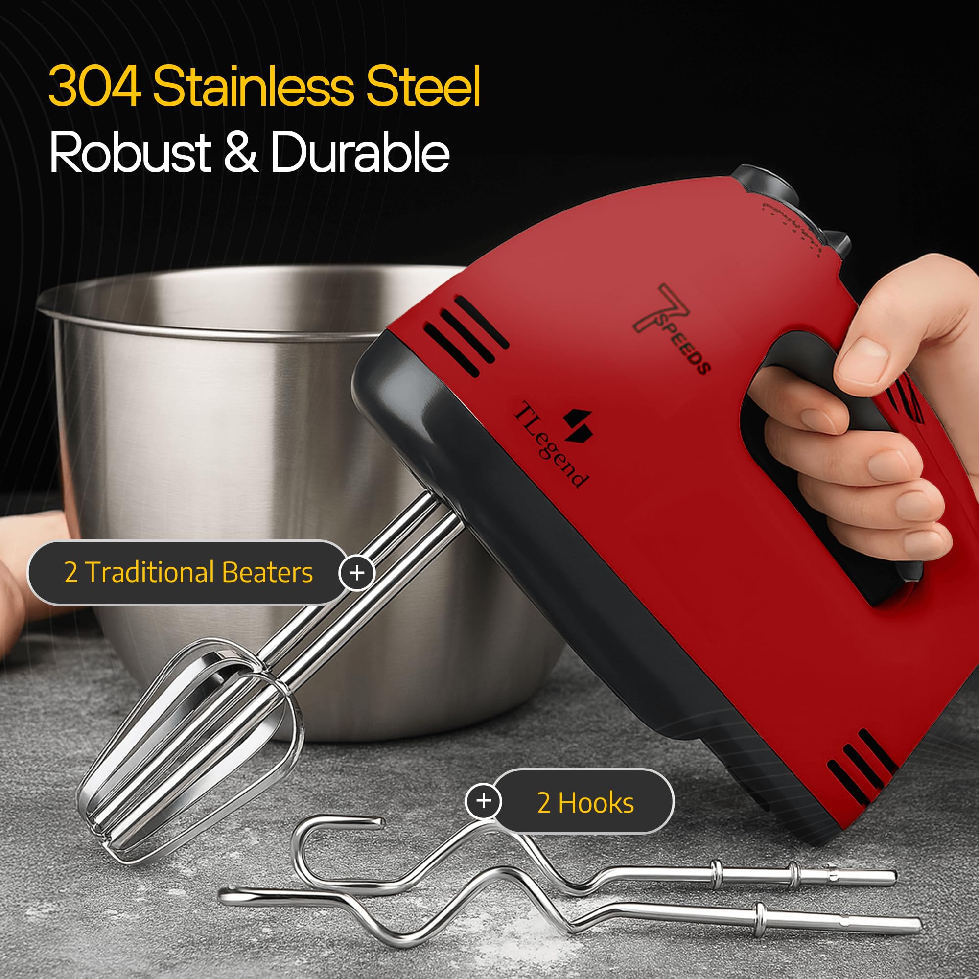 TechnoLegend hand mixer red lightweight design ideal for extended sessions