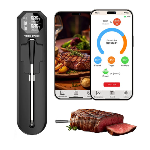 TechRise Bluetooth meat thermometer with app control for real-time cooking temps.