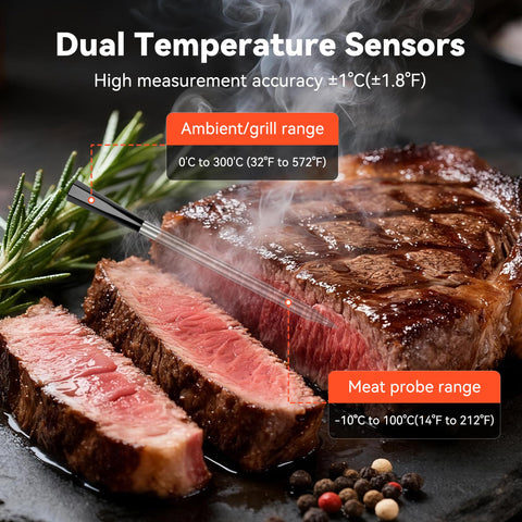 TechRise digital probe provides precise ±1°F readings within seconds for meats.