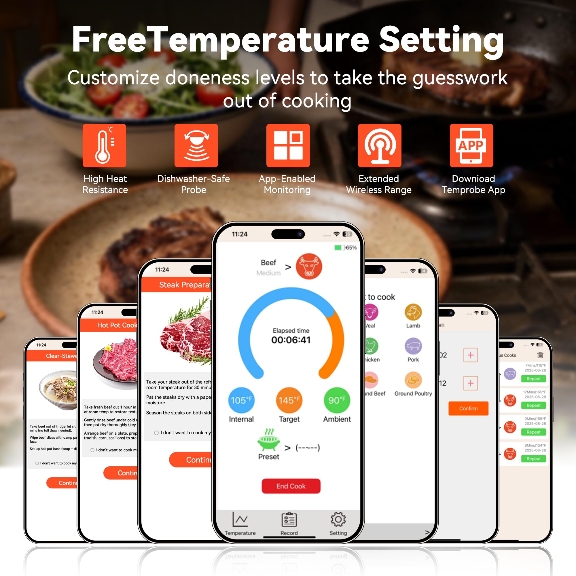 TechRise thermometer with rechargeable battery delivers up to 48 hours of continuous cooking.