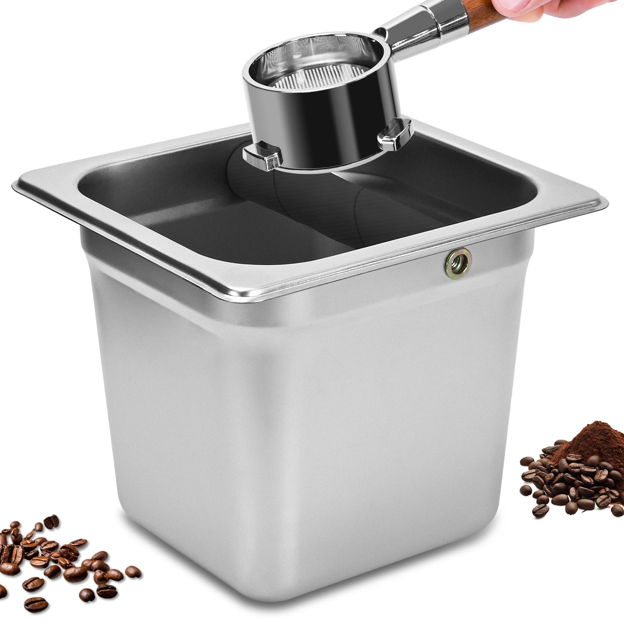 TechShare stainless steel knock box square front view for daily home or cafe use
