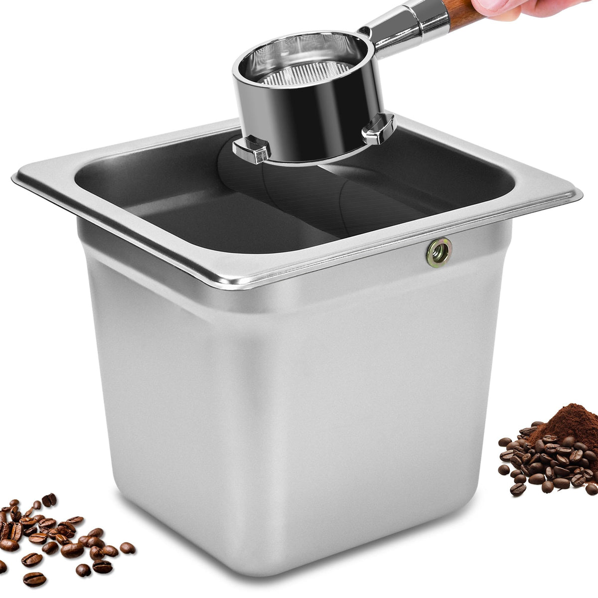 TechShare stainless steel knock box square front view for daily home or cafe use