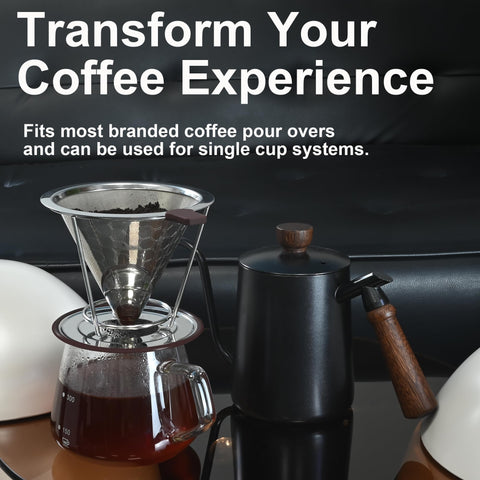 TECHSHARE stainless-steel filter cone highlights durability and reusable convenience.