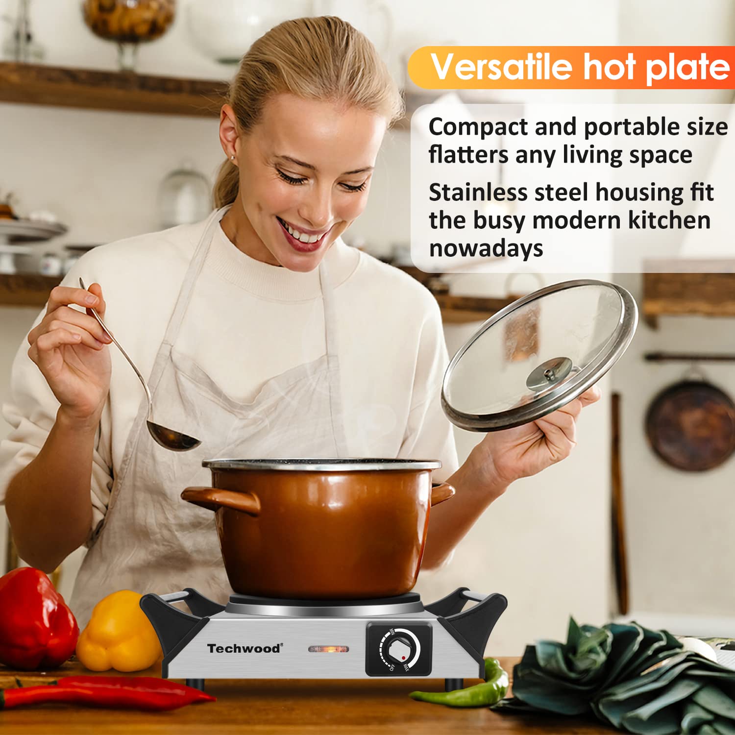 Techwood hot plate brushed stainless steel exterior adds durability.
