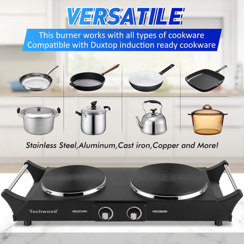 Techwood hot plate control dials close-up shows adjustable temperature for precise cooking