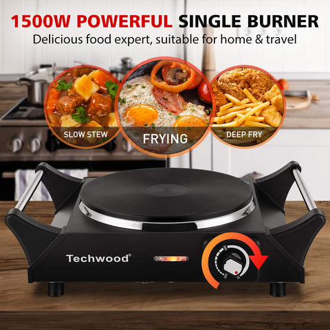 Techwood hot plate on a counter, ideal for portable meals anywhere.