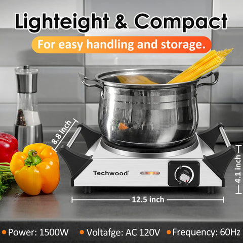 Techwood hot plate safety features with stay-cool handles improve handling.