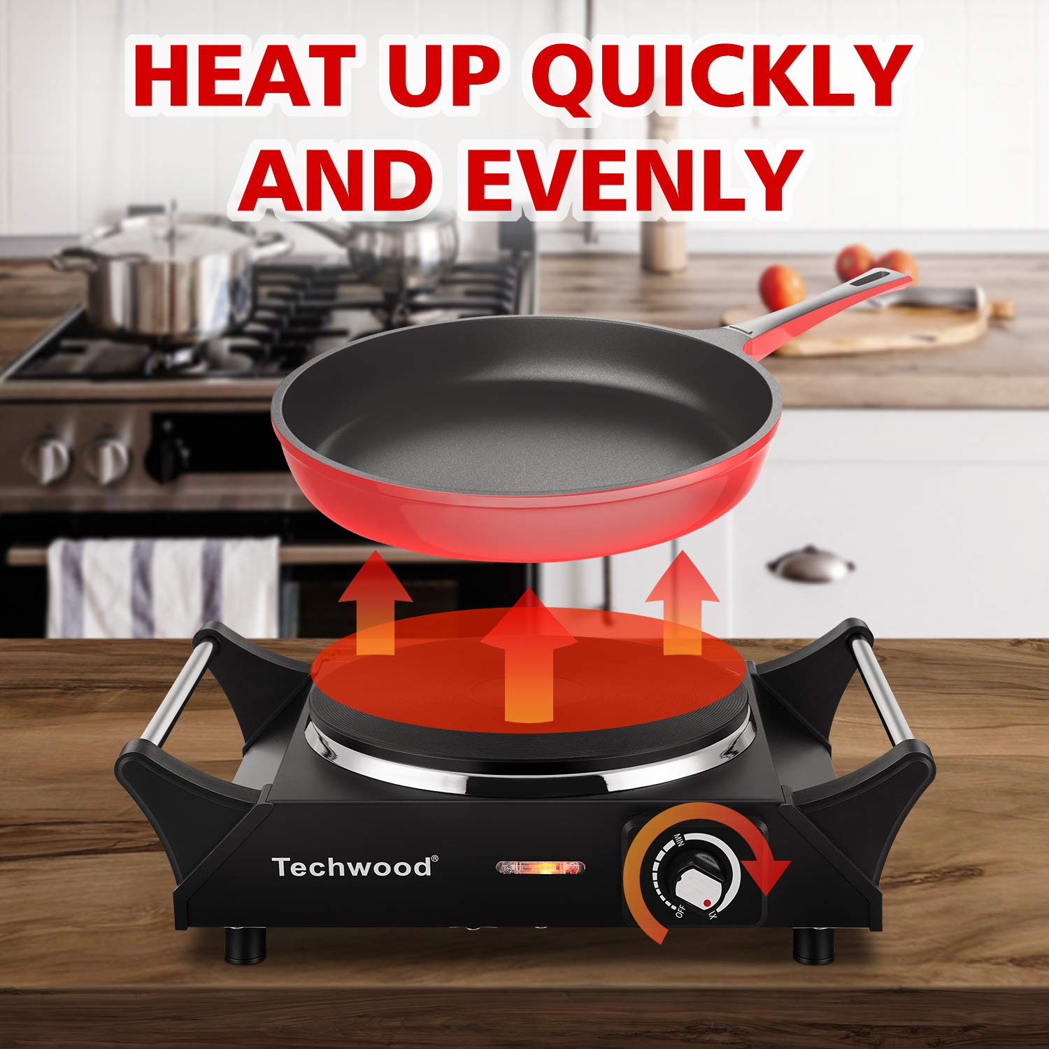 Techwood hot plate stays cool to touch handles for safe transport.