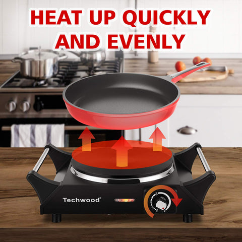 Techwood hot plate stays cool to touch handles for safe transport.