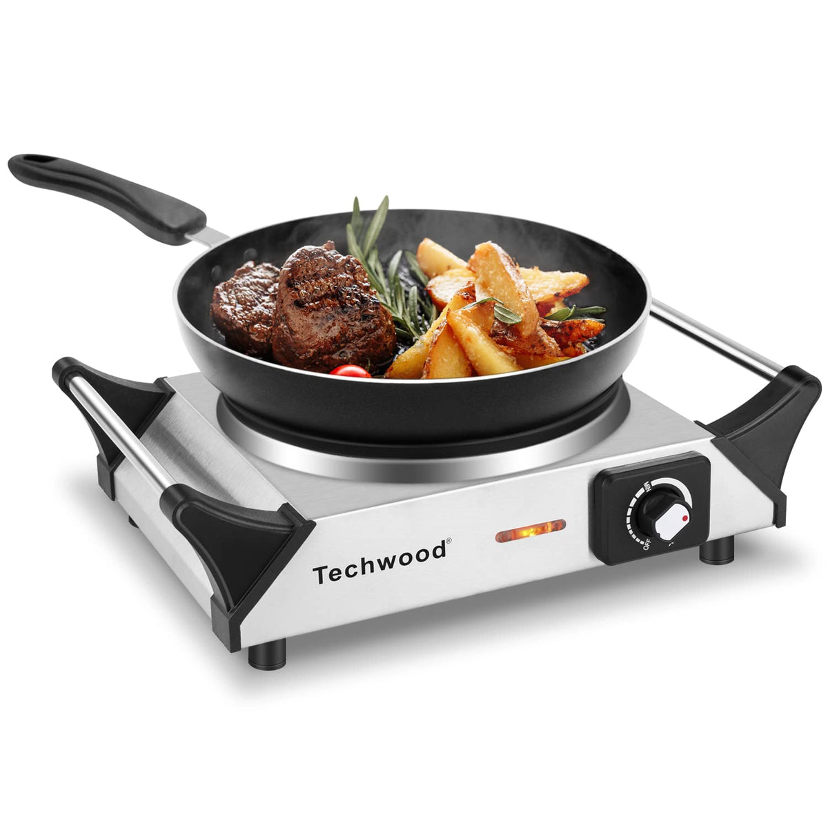 Techwood hot plate usage demonstrates fast heating for quick meals.