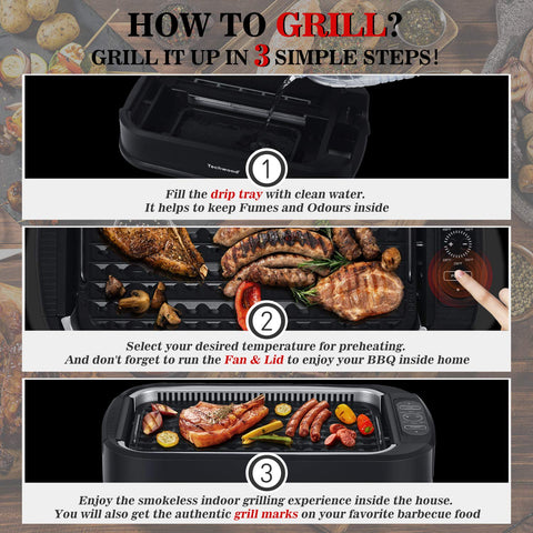 Techwood removable drip tray collects grease for leaner meals.