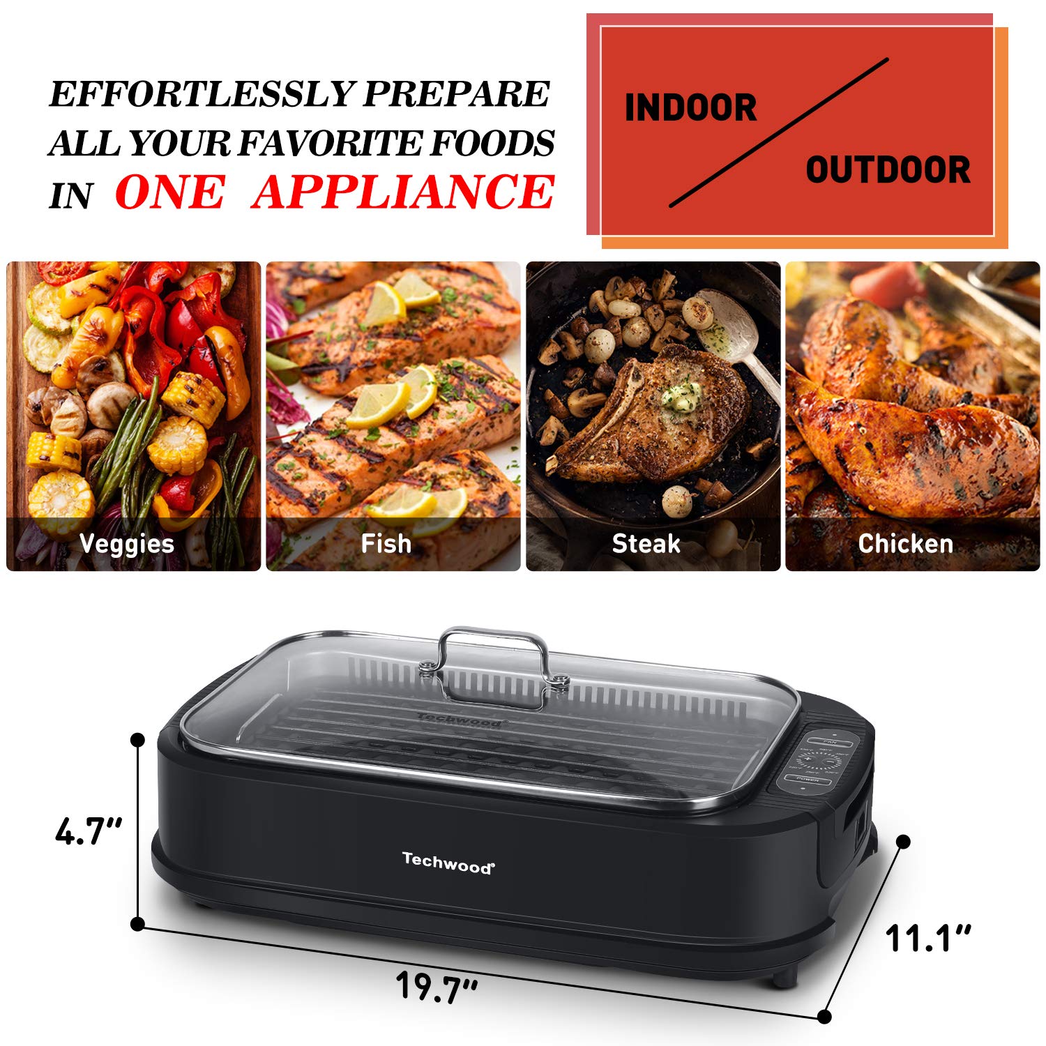 Techwood nonstick surface releases food easily for quick cleanup.