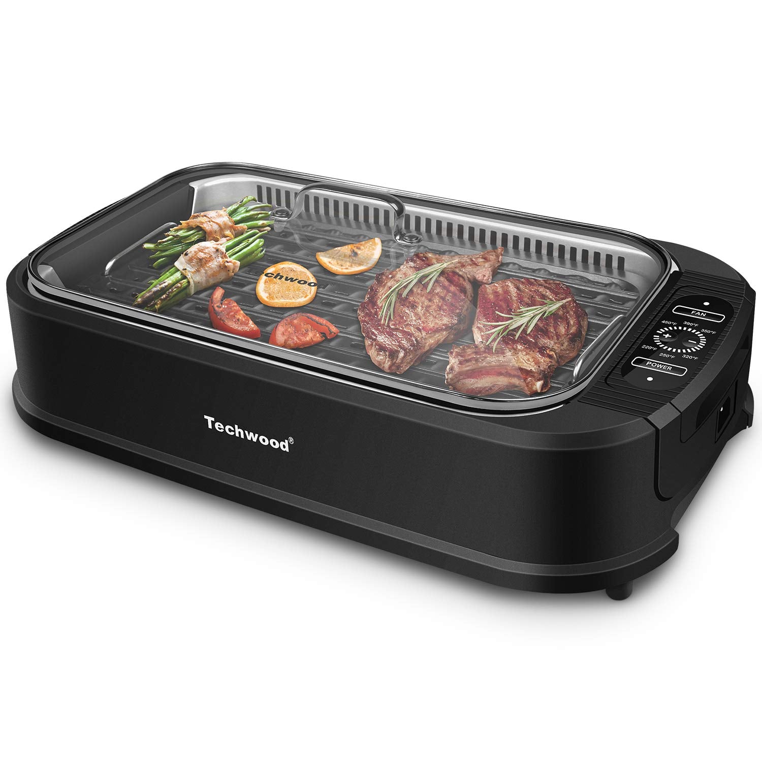 Techwood indoor grill smokeless design reduces smoke for cleaner indoor cooking.