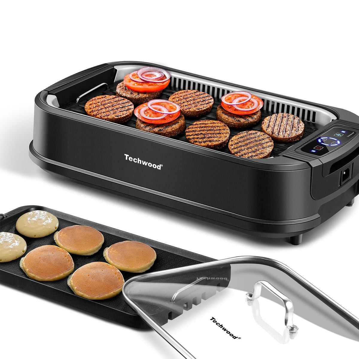 Techwood indoor smokeless grill lid view for cleaner indoor grilling