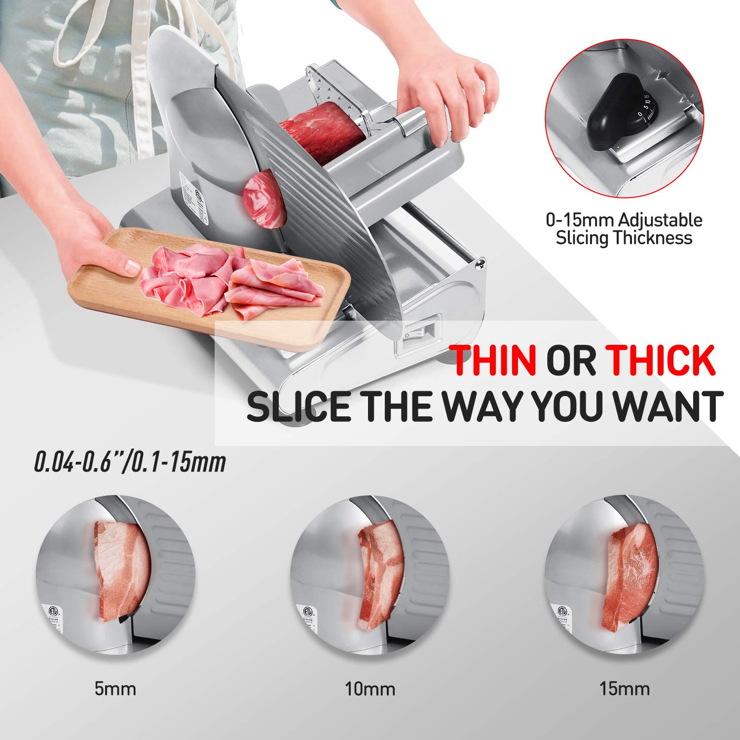 Techwood Meat Slicer safety features including guard and pusher.