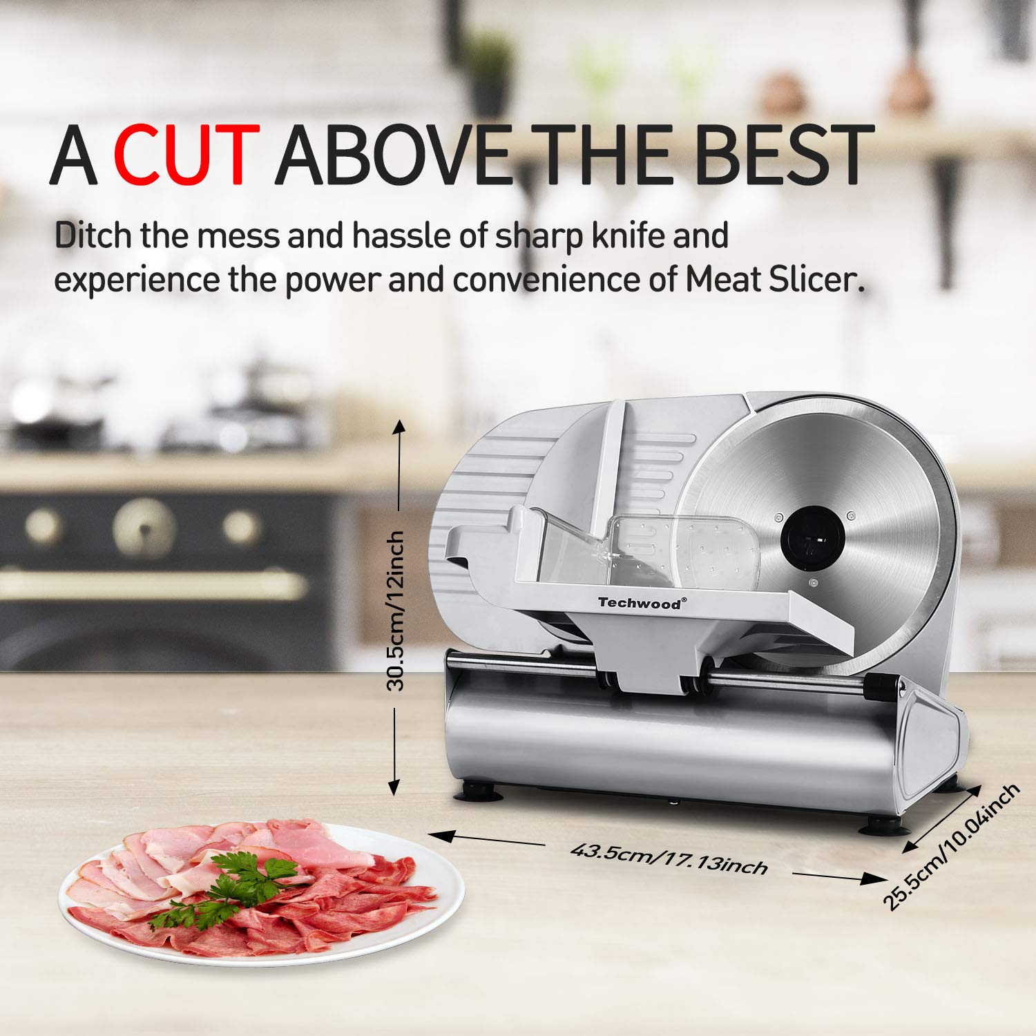 Techwood Meat Slicer thickness adjustment for precise deli-style slices.