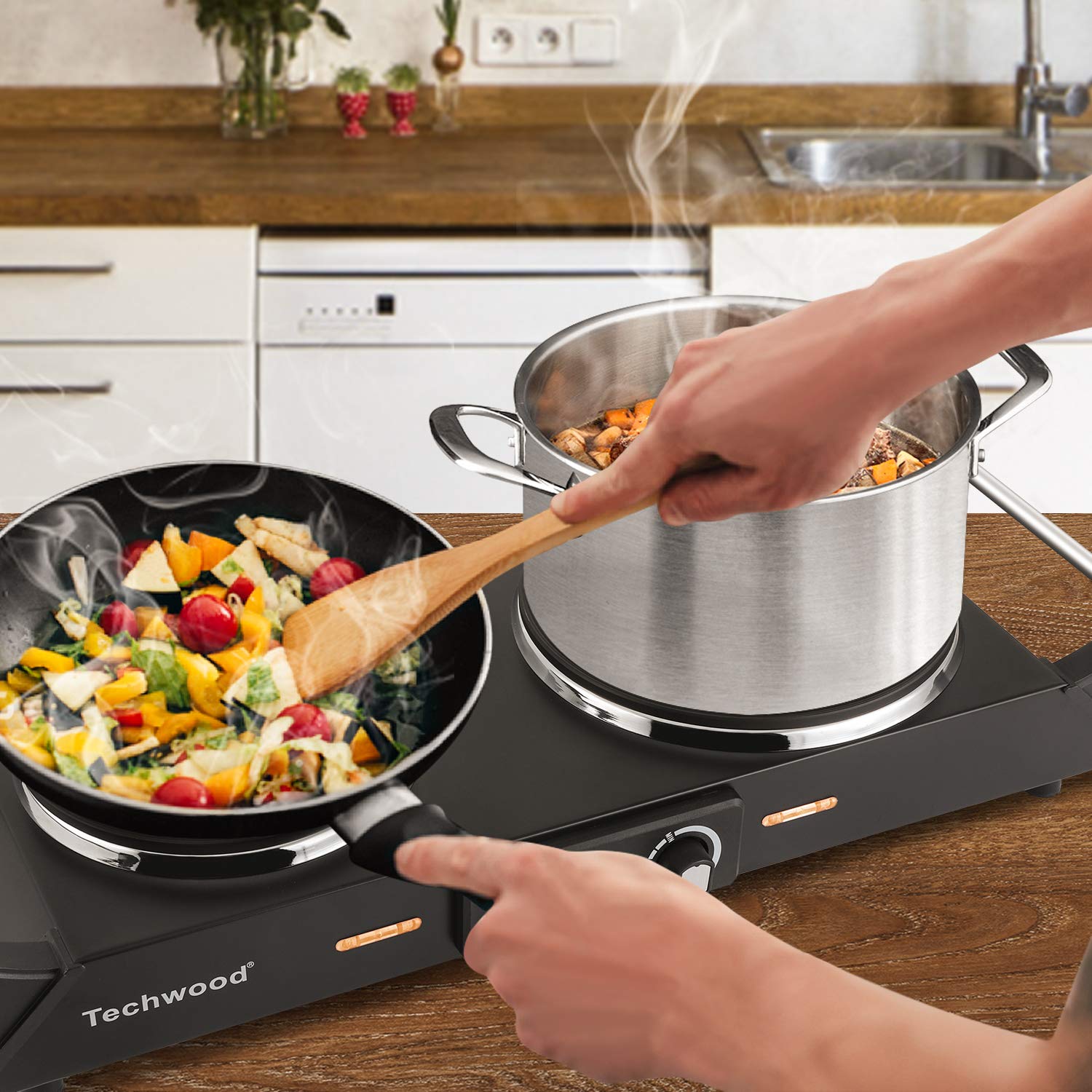 Techwood portable stove fits dorm, RV, or camping kitchens for extra cooking capacity
