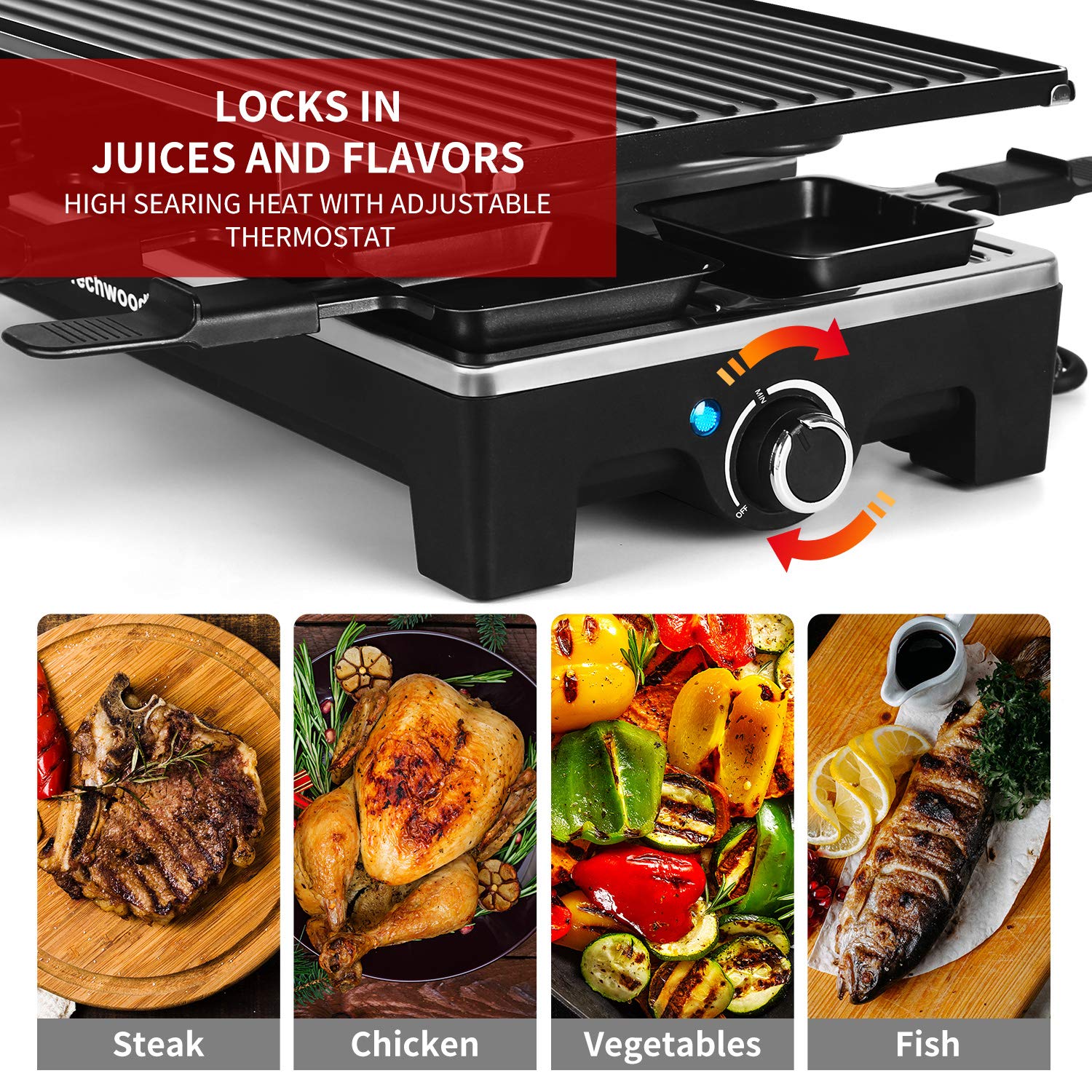 Techwood 2-in-1 reversible grill plate with grooved and flat surfaces for versatile cooking