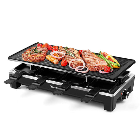 Techwood Raclette Grill with a 2-in-1 reversible plate for versatile meals.