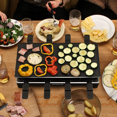 Techwood Raclette Grill easy-clean non-stick surfaces simplify cleanup.
