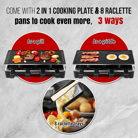 Techwood Raclette Grill flat surface ideal for crepes, pancakes, and eggs.