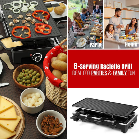 Techwood Raclette Grill grooved surface for searing and fat drainage.