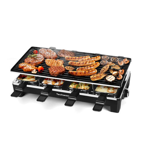 Techwood raclette grill top view showing spacious cooking surface for gatherings