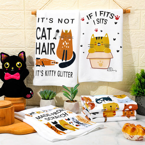 TecUnite cat dish towels in action for drying dishes and wiping surfaces.