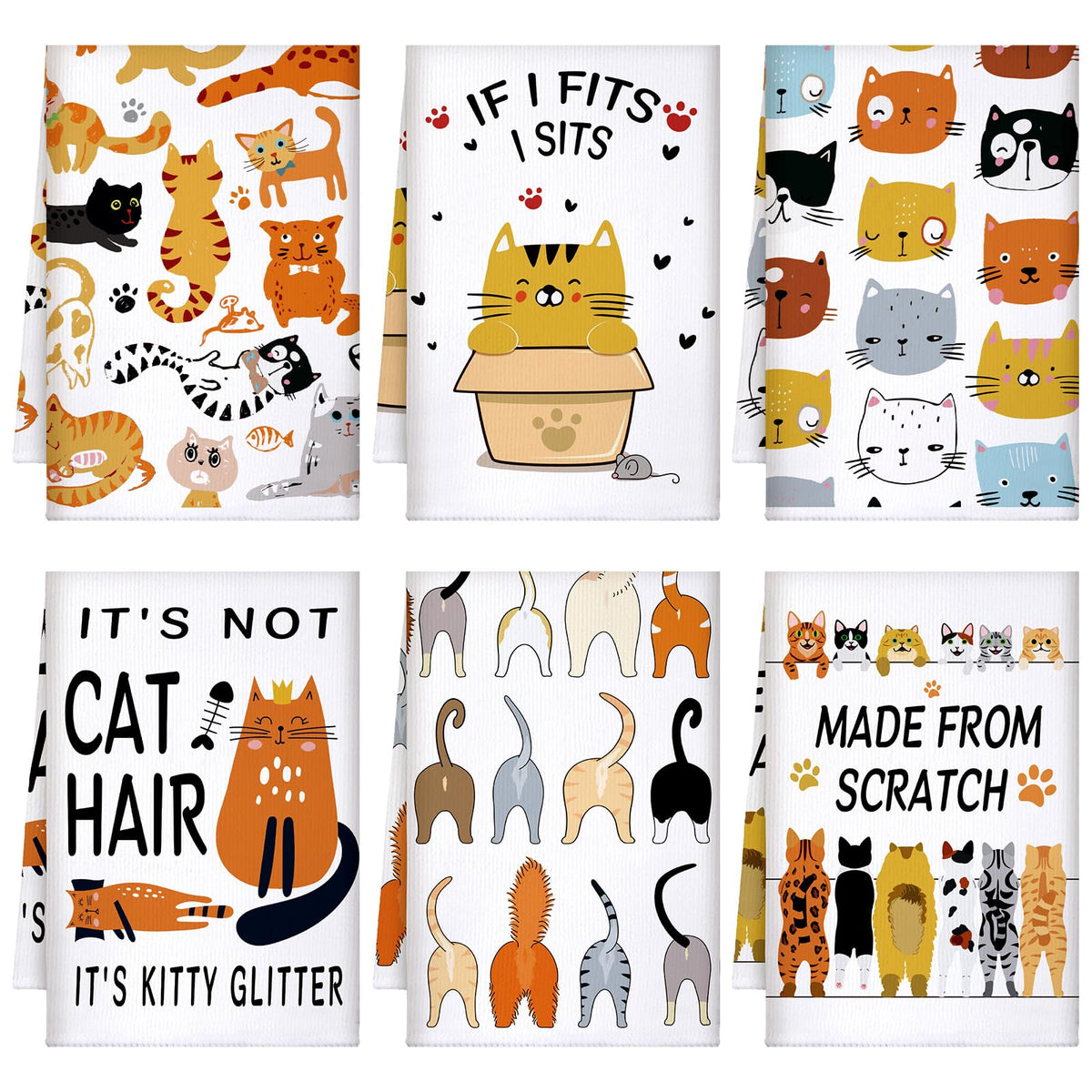 TecUnite cat towels set with varied designs add playful kitchen decor and color.