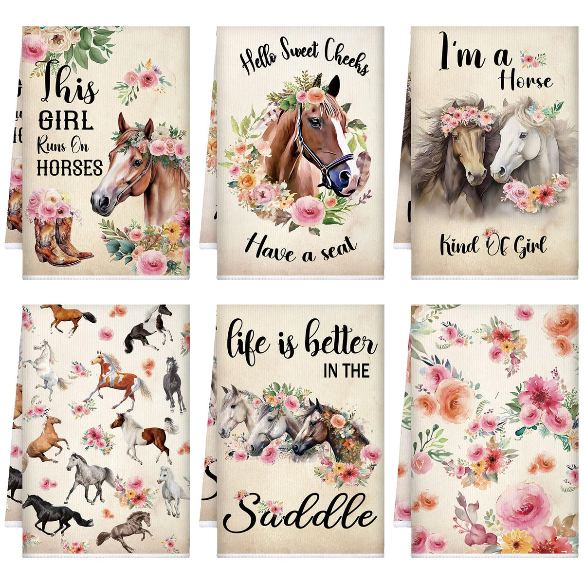 TecUnite horse kitchen towels with playful floral designs for quick drying.