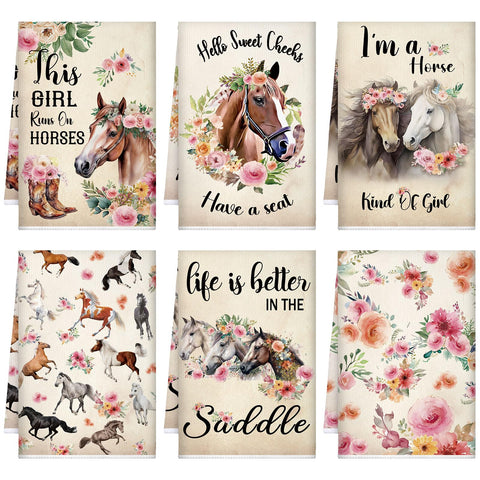 TecUnite horse kitchen towels with playful floral designs for quick drying.
