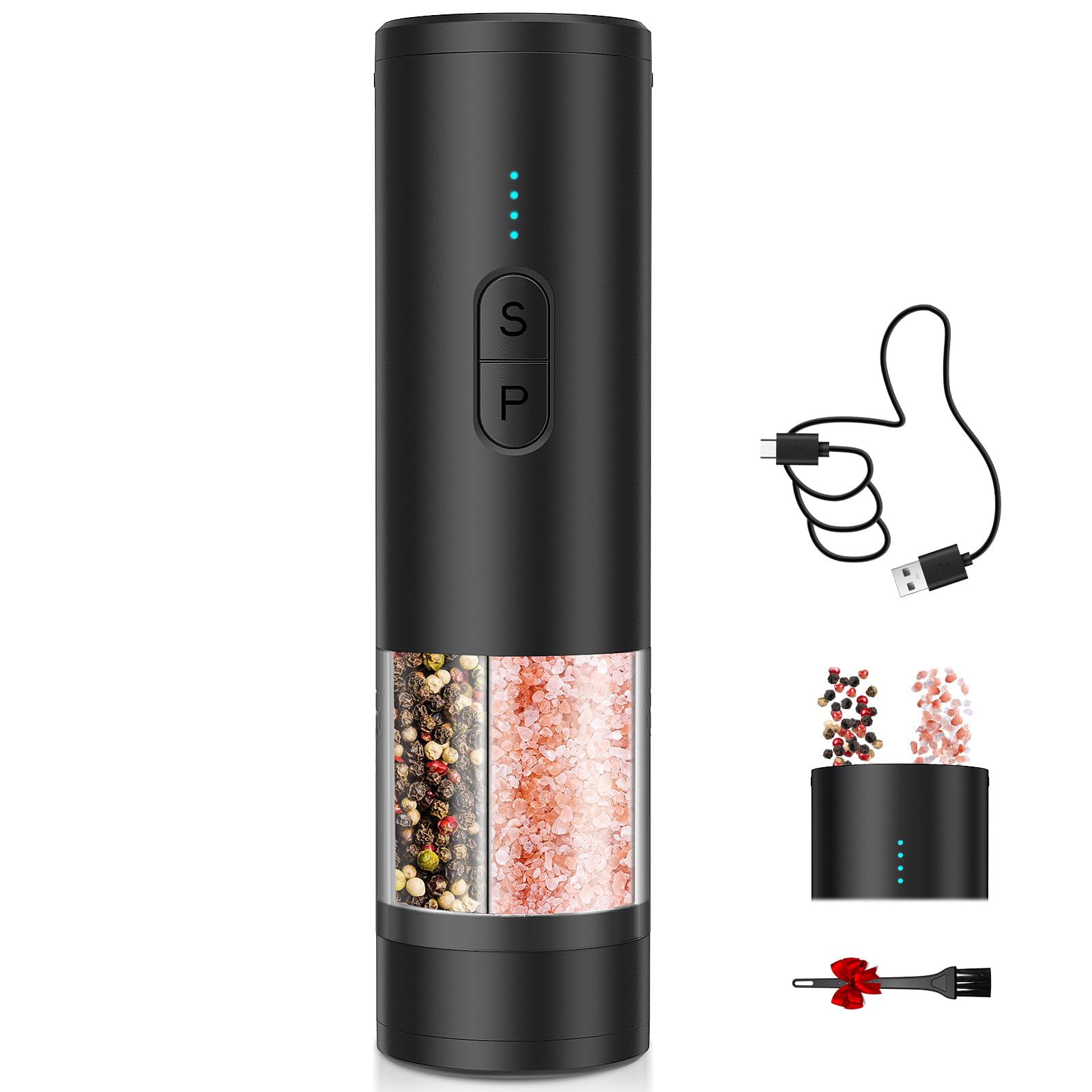 TEDNON 2-in-1 dual-chamber grinder ready for quick salt and pepper seasoning.