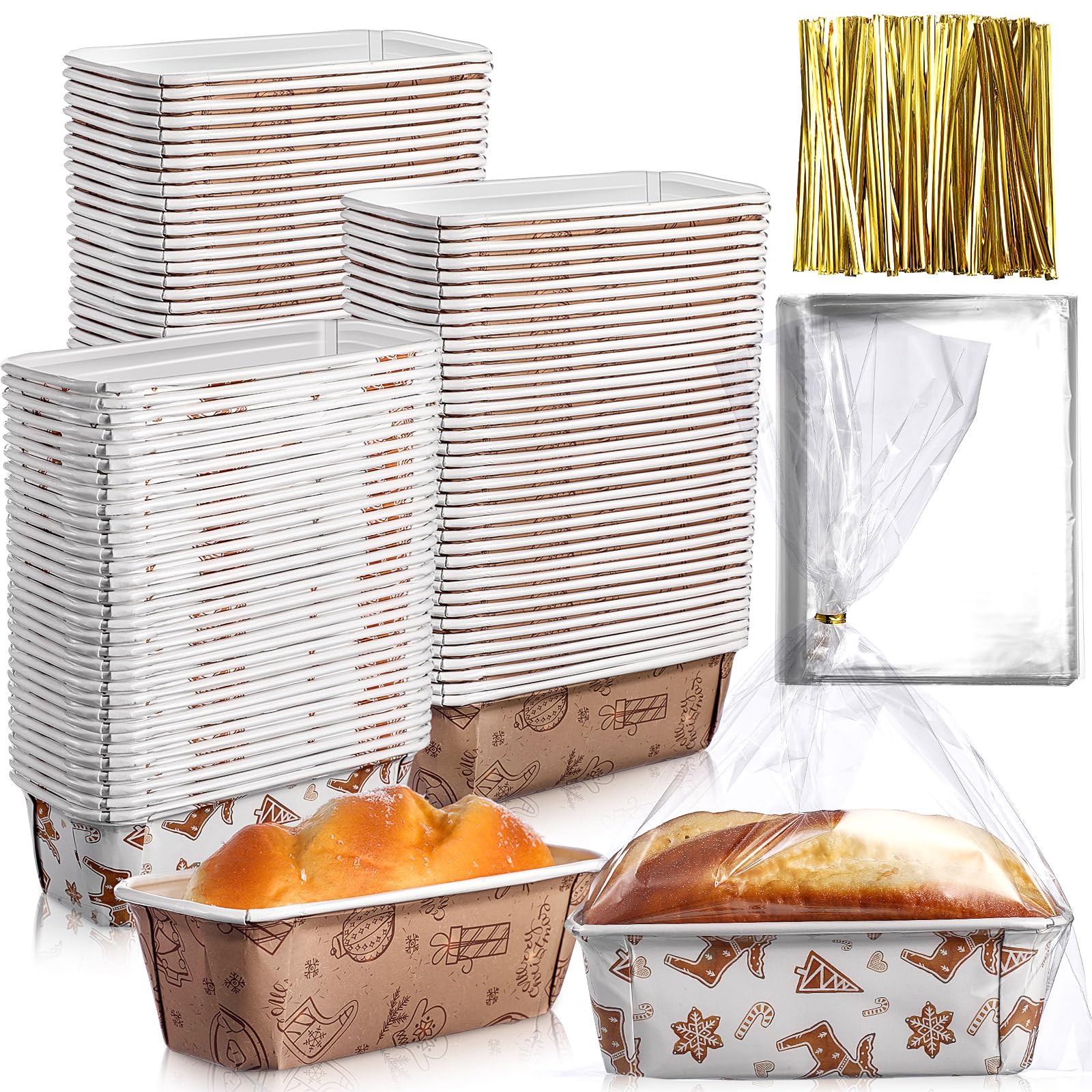 Teenyyou Christmas paper loaf pan front view with festive pattern for easy baking.
