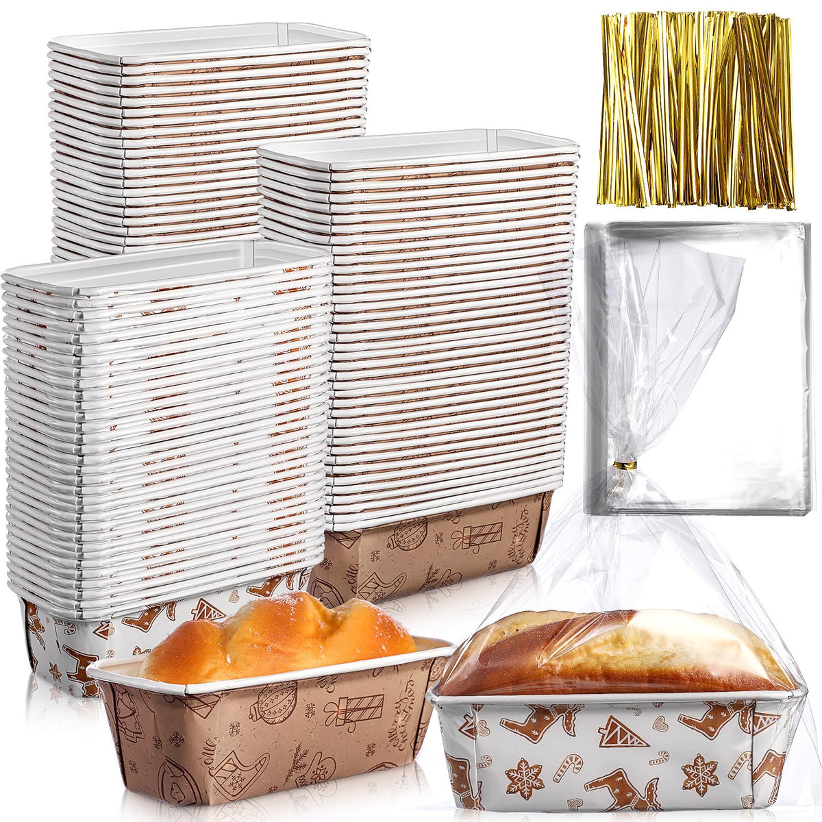 Teenyyou Christmas paper loaf pan front view with festive pattern for easy baking.