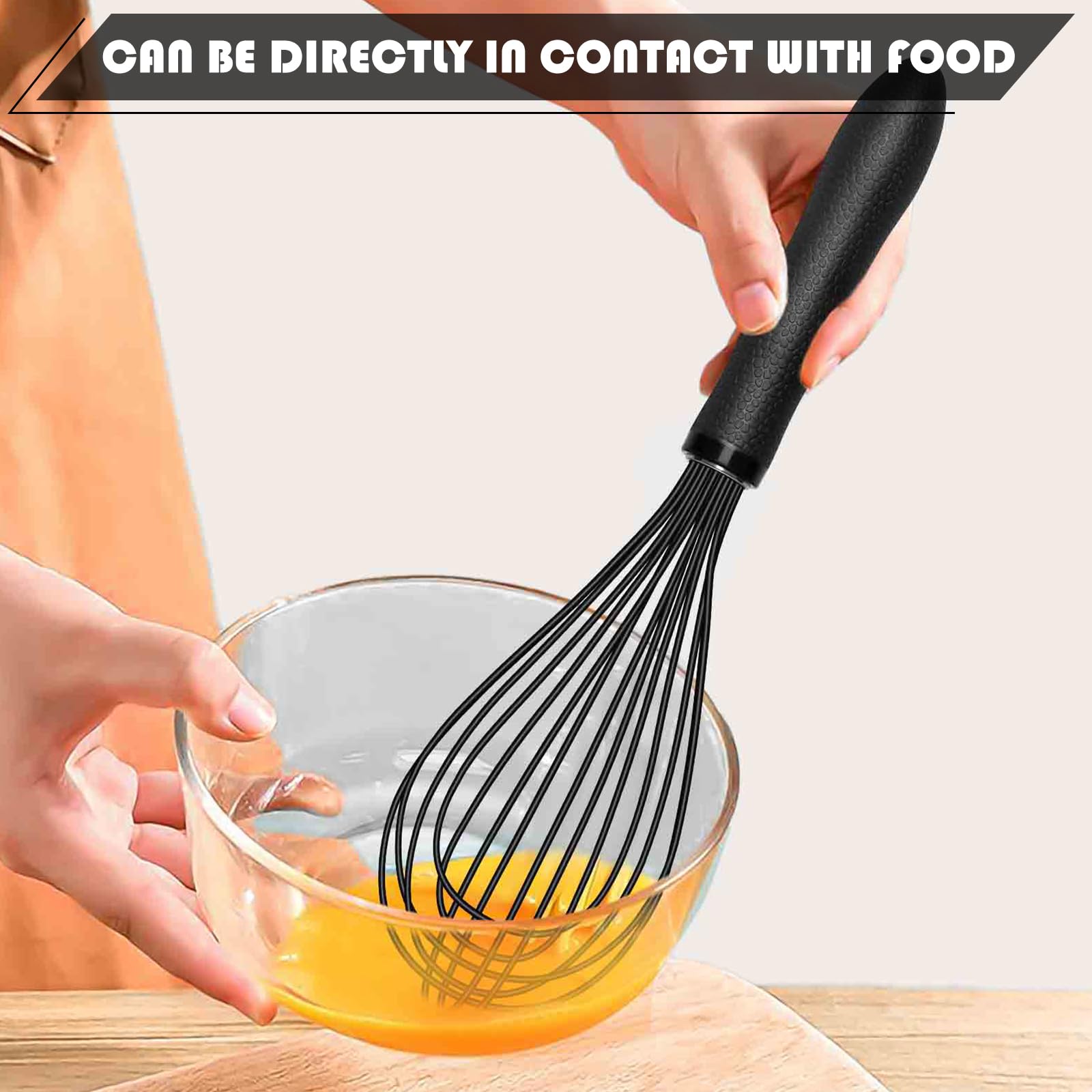 TEEVEA silicone whisk demonstrating non-stick design to reduce sticking during mixing.