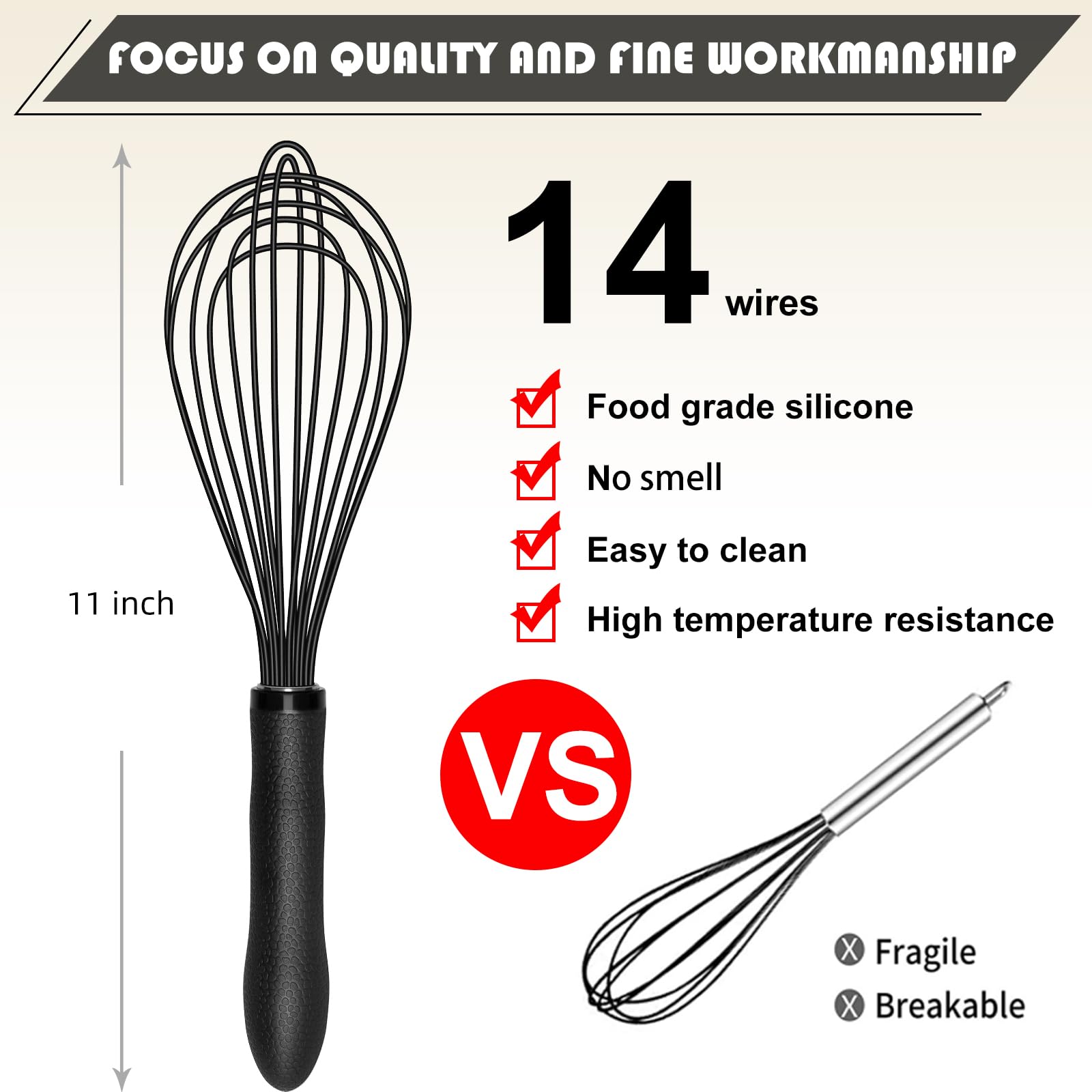 TEEVEA silicone whisk showing silicone coating protecting non-stick cookware.